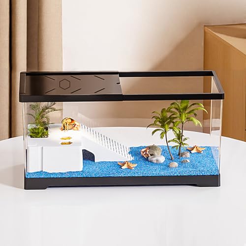 Turtle Fish Tank with Basking Platform and Bottom Drainage, 15.8" x 8" x 8.8" Aquatic Turtle Tank for Juvenile Turtle, Crayfish, Crabs, Amphibians, Reptiles, PC Material, Black Color - size: 15.8" x 8" x 8.8"