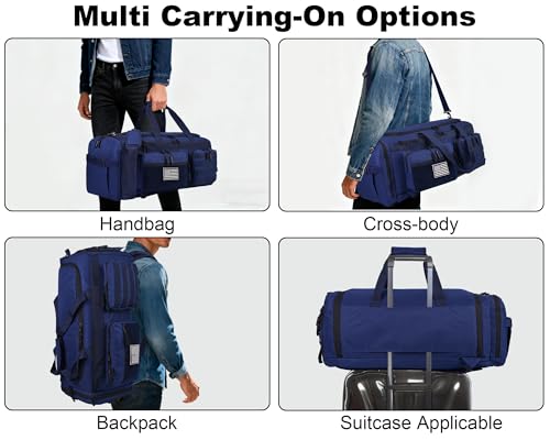 LHI 50L Tactical Duffle Bag for Men, 3-in-1 Gym Duffle and Backpack, Shoe Compartment, Laptop Sleeve and MOLLE, Carry-On Travel Weekender and Overnight Bag – Blue - color: Blue