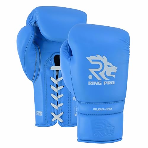 Aura 100 Full Grain Leather Lace Up Boxing Gloves for Men & Women – Professional Training, Sparring, Competition, Muay Thai, Kickboxing & Heavy Bag Gloves - color: Cyan, size: 10 OZ