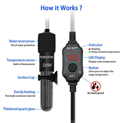 Adjustable Mini Aquarium Heater 5-10 Gallons Submersible Small Fish Tank Heater 50W Digital Display Thermostat External Temperature Controller (50W) - size: 50W