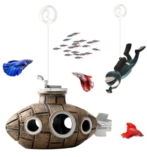 Floating Fish Tank Decoration, LittleCute Retro Submarine AquariumDecoration with Two Float Balls,Resinous Fish Tank Accessorie - color: Brown Submarine&diver