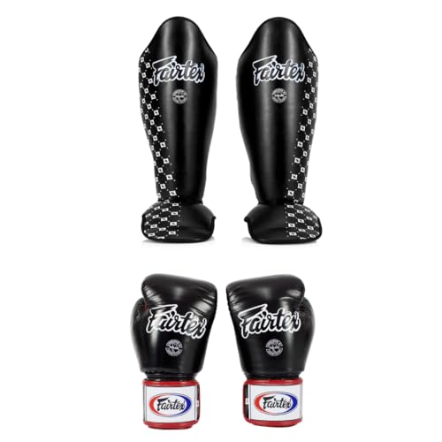Fairtex SP5 Black Large Shin Guards + BGV1 16 oz Black/White/Red Glove