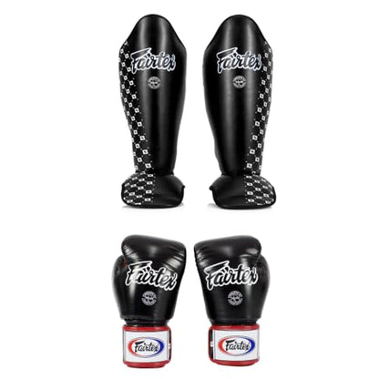 Fairtex SP5 Black Large Shin Guards + BGV1 16 oz Black/White/Red Glove