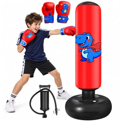 Qoosea Punching Bag for Kids 48in Dinosaur Toys Boxing Bag Set with Gloves - color: Red-63 IN