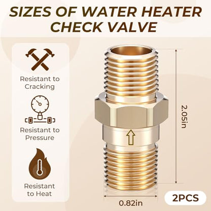 1/2" RV Water Heater Check Valve, 1/2" NPT Male to Male One-Way Backflow Preventer, for RV Camper Motorhome Trailer Fresh Water Heater, Plumbing Backflow Preventer, Brass (2 Pcs)