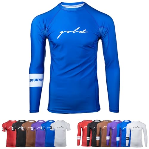 Gold BJJ Foundation Rash Guard - Ranked No-Gi and Gi Jiu Jitsu Rashguard - color: Blue (Long Sleeve), size: Large