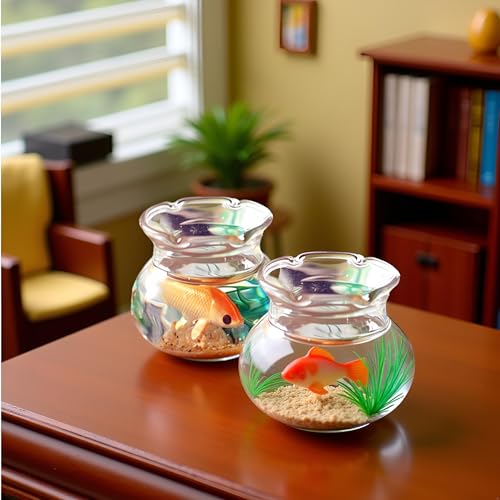 2Pcs Miniature Fish Tank Toy Mini Round Fish Bowls Resin Goldfish Grass for Dollhouse Desktop Craft Project Decor,Mini Fish Bowl,Dollhouse Accessories,Dollhouses Décor
