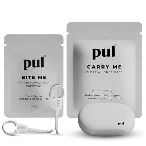 PUL Aligner Care Convenience Kit – Case + 2-in-1 Tool for Invisalign, Retainers, Partial Dentures, Mouth & Night Guards & More – White Case & 2-Pack of White Aligner Seating Chewie & Removal Tool - color: White Combo