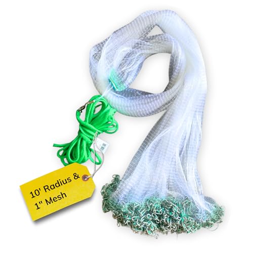 Cast Nets 4.5ft-10ft Radius|3/8",1/2",1" Mesh for Fishing with Chain Bottom, Salt Water Casting Fishing Net Gear, Easy Throw Nets Fishing Bait - Elite Series