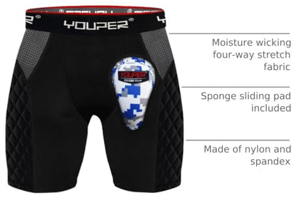 Youper Youth Elite Padded Baseball Sliding Shorts w/Soft Athletic Cup - color: Black, size: X-Large