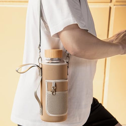 48 oz Sports Borosilicate Glass Water Bottle with Bamboo Lid with Neoprene Sleeve - color: Gold-x