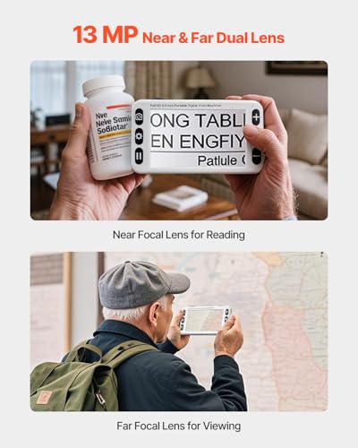 VEVOR Portable Digital Magnifier, 5-inch HD Electronic Video Magnifier for Low Version, 2X - 48X Electronic Reading Aid with 13MP Near & Far Dual Lens, 26 Color Mode, AV/HDMI Output & Foldable Handle