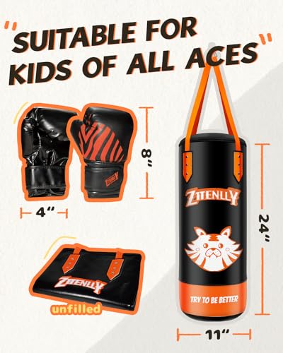 Kids Punching Bag with Gloves - PU Leather & Adjustable Height Strap - Boxing Bag Set for 3-8 Years Kids Great for Boxing, MMA, Kickboxing - color: Orange-Unfilled