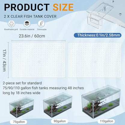 2 Pcs Aquarium Acrylic Fish Tank Lid Covers for 70/75/90/110 Gallon, 48 X18 Glass Cuttable Canopy Top Net, Anti-Jump Net with Clips (Each 22.68 x 16.93 x 0.1in) - size: 23 x 17 Inch
