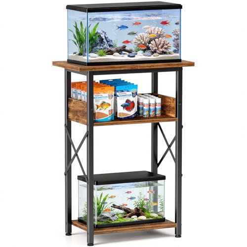 10 Gallon Fish Tank Stand with Storage Shelves, 3-Tier Aquarium Stand with Rust-Proof Metal Frame, Heavy Duty Waterproof Reptile Turtle Tank Stand for Home Office Up to 150LBS, 21.5" L x 11.5" W x 30" H, Rustic Brown - color: Rustic Brown, size: 10Gallon