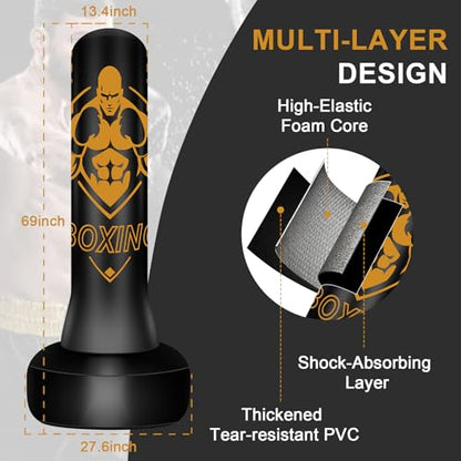 Freestanding Puncing Bags for Adults Teens, Heavy Bag with Stand Boxing Bag with Boxing Gloves, Electric Air Pump, Reflex Ball, 70" Kickboxing Bag for Training MMA Muay Thai Gym - color: Black