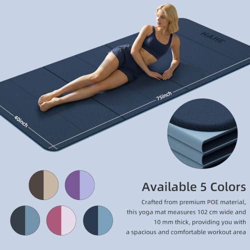 HAHE Extra Wide Folding Exercise Mat 75"x40"x0.4" TPE Fitness Mat | High Density Foldable Yoga Mat, Non-Slip Yoga Mat for Home Gym, Strength Training, Travel, 7-Fold Portable for Women, Men - color: Navy Blue & Mist Blue