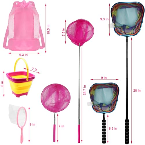 Kids Fishing Net Set – Telescopic Landing Net with Bucket, Small Butterfly & Bug Net, Storage Bag for Freshwater Lake Pond Garden Outdoor Activities - color: Pink