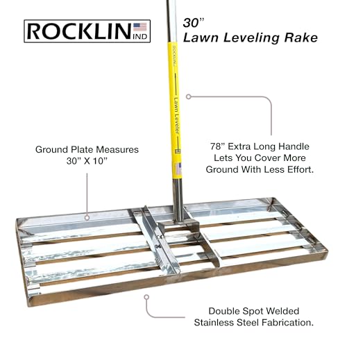 Rocklin™ Lawn Leveling Rake 30 Inch, Stainless Steel Lawn Leveler for Homeowners, Residential Leveling Rake for Soil, 78” Handle Yard Tools, for Dad, Husband & Men