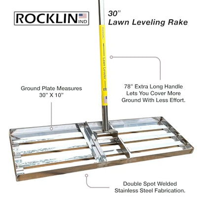 Rocklin™ Lawn Leveling Rake 30 Inch, Stainless Steel Lawn Leveler for Homeowners, Residential Leveling Rake for Soil, 78” Handle Yard Tools, for Dad, Husband & Men