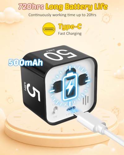 Digital Pomodoro Timer Cube 5/10/25/50min Preset, Silent & Sound Alarm - color: Black