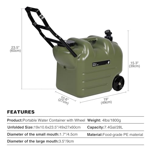 REDCAMP 7.4 Gal Water Container with Wheels & Spigot | Portable Rolling Emergency Camping Water Jug with Folding Handle | BPA Free Food Grade Water Storage Tank for Camping, Hiking(28L, Green)