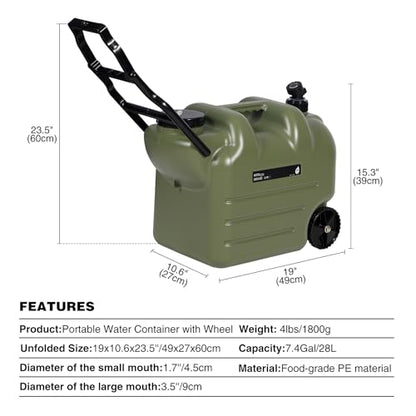 REDCAMP 7.4 Gal Water Container with Wheels & Spigot | Portable Rolling Emergency Camping Water Jug with Folding Handle | BPA Free Food Grade Water Storage Tank for Camping, Hiking(28L, Green)