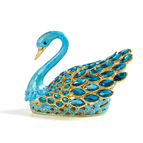 3.7-inch Blue Swan Figurine Jewelry Trinket Box, Enamel Hand-painted Swan Box with Gems, Hinged Jewelry Boxes - Ring Holder, Organizer, Home Decor, Wedding Favor Gift