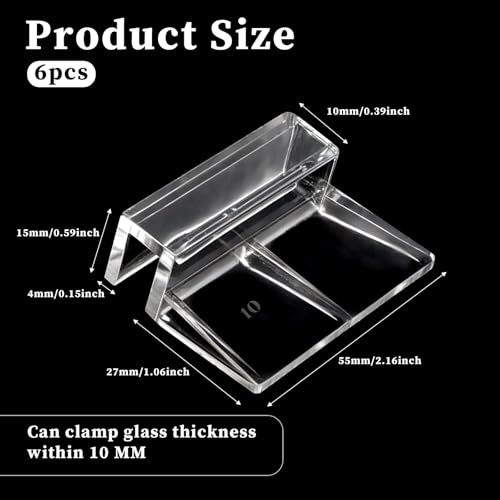 Sliverdew 6 PCS Aquarium Lid Clips, 10 mm Clear Acrylic Fish Tank Lid Holder Aquarium Hoods Support Clamps for Rimless Fish Tank Glass Top - for Thickness 10mm