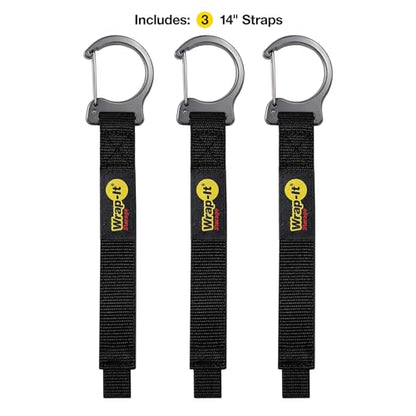 Wrap-It Storage Quick Clips - 14" (3-Pack) Black - Cable Straps With a Metal Clip to Use as an Extension Cord Organizer or Garden Hose Holder