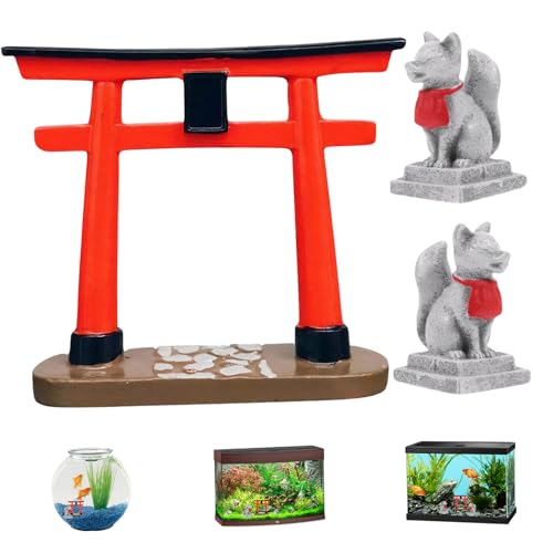 Japanese Decor, Resin Simulation Torii Gate and Fox Statue, Mini Zen Garden Accessories for Bonsai, Sand Table, Garden, Aquarium, Fish Tank Fox Statue Figurine Torii Gate