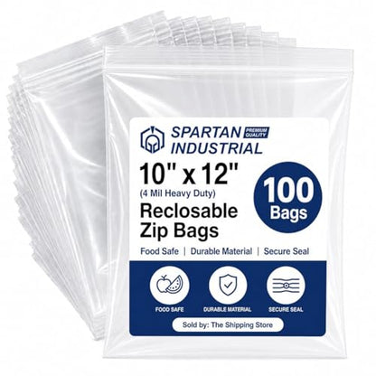 Spartan Industrial - 10” X 12” (100 Count) 4 Mil Thick Clear Reclosable Zip Plastic Poly Bags with Resealable Lock Seal Zipper - Heavy Duty and Durable - size: 10" X 12"