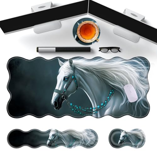 Large Gaming Mouse Pad, Keyboard Wrist Rest Pad & Wrist Support Mousepad Set, Stitched Edge, Extended, Non-Slip Base, Memory Foam Desk Mat for Office, Home,Cute Horse - color: Cute Horse