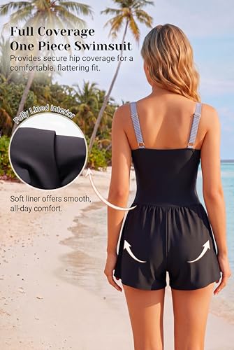 Smismivo Women's Tummy Control One Piece Swim Romper V Neck Swimsuit - color: Black White Stripe Top, size: X-Large