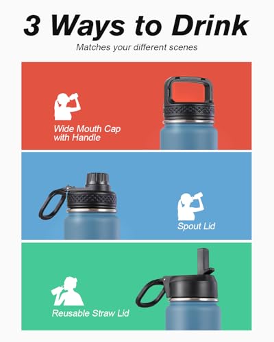 Coolflask 24 oz Insulated Water Bottle with Straw & 3 Leakproof Lids - color: Samurai Cyan, size: 24 Ounces