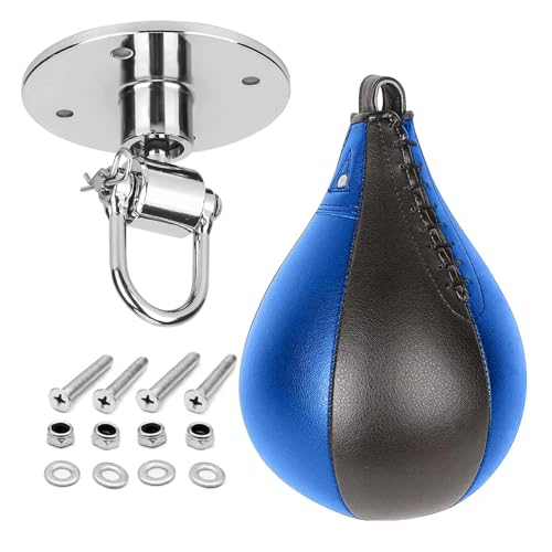 Speed Punching Bag, Leather MMA Speed Bag Striking Bag Kit with Hanging Swivel - color: Blue