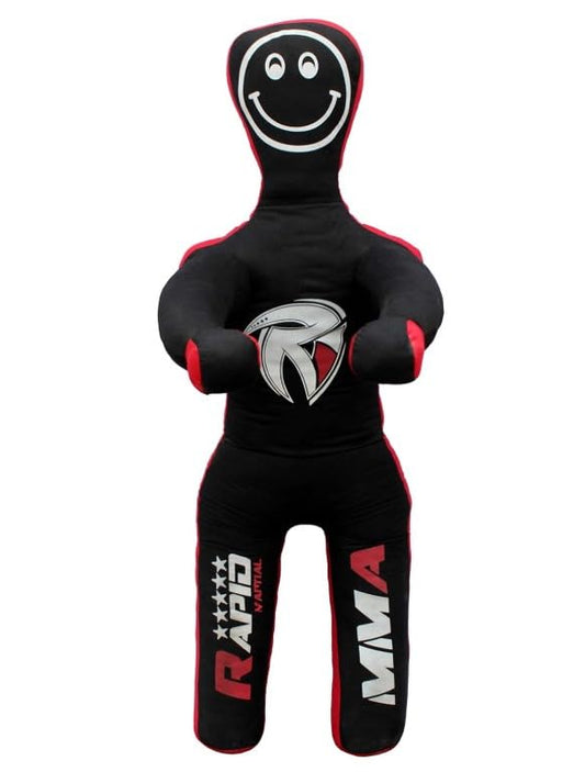 Kids Grappling Dummy Unfilled – Wrestling, BJJ, MMA Training Dummy for Kids with Moveable Arms & Legs – Durable Punching & Sparring Dummy for Practice - color: Black-Red-Stand, size: 4 ft-49 Inch