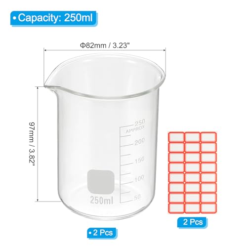 PATIKIL 250ml Glass Beaker, 2 Pack Measuring Glass Beaker Graduated Borosilicate Lab Cups Mug Low Form Heat Safe Transparent with Spout Label for Laboratory Science Kitchen Liquids - size: 250ml