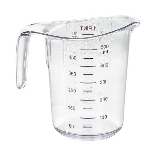 Restaurantware RW Base 1 Pint Measuring Jar 1 Durable Measuring Beaker - Metric And Imperial Units V-Shaped Spout Clear Plastic Measuring Cup Handle With Thumb-Grip Tolerates Up To 248F - color: Clear, size: 5.25" × 3.75" × 5.00"