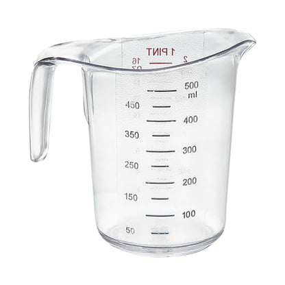 Restaurantware RW Base 1 Pint Measuring Jar 1 Durable Measuring Beaker - Metric And Imperial Units V-Shaped Spout Clear Plastic Measuring Cup Handle With Thumb-Grip Tolerates Up To 248F - color: Clear, size: 5.25" × 3.75" × 5.00"