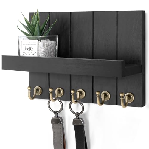 Rebee Vision Key Holder Wall Mount with Shelf &Hooks for Living Room, Black - color: Black, size: 10 inches