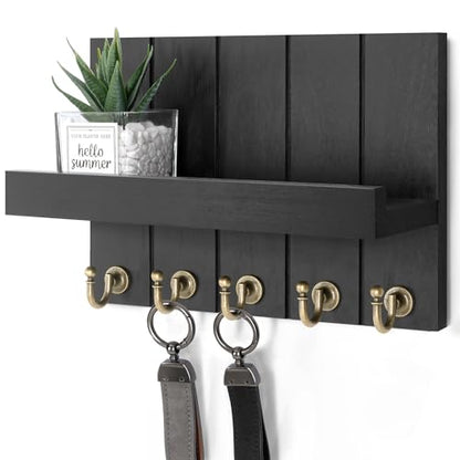 Rebee Vision Key Holder Wall Mount with Shelf &Hooks for Living Room, Black - color: Black, size: 10 inches