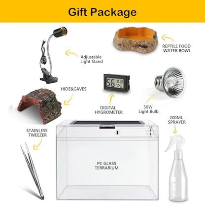 Reptile Polycarbonate Terrarium Kit 7 Piece Starter Habitat for Tarantula,Lizards,Frogs,Geckos,or Hermit Crabs,Tank with Escape-Proof Locking Lid,Light,Hygrometer,Hide,Tweezer,Bowl,Sprayer