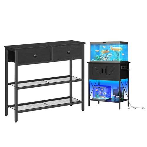 HOOBRO 20 Gallon Fish Tank Stand with Power Outlets and LED Light, Small Entryway Table with 3-Tier Storage Shelves, Turtle Tank Stand with Cabinet Storage, for Living Room, Hallway BB72XG01 BB40UDFT0