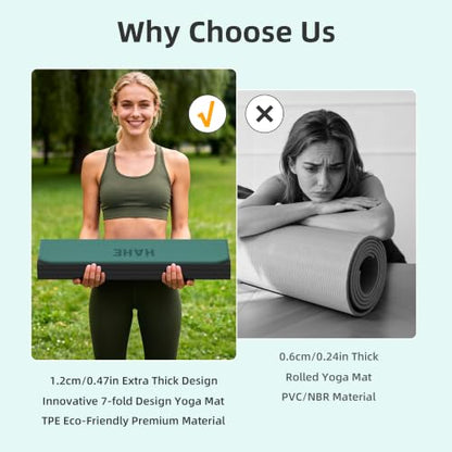 HAHE 7-Fold Design Extra Thick Yoga Mat 72"L x 24"W x 0.47", TPE | Fitness Exercise Mats, Non-Slip Foldable Yoga Mat, High Density, Portable for Men & Women, Yoga, Pilates, Home Gym - color: Dark Green & Black
