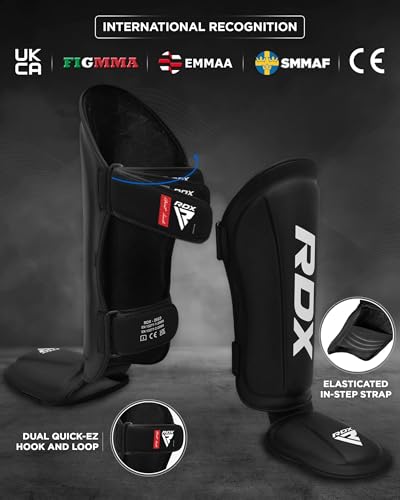 RDX Shin Guards Kickboxing Muay Thai, SATRA SMMAF Approved, Premium Maya Hide Leather, Leg Instep Protection Pads, MMA Martial Arts Kicking Sparring Training Gear, BJJ Karate Boxing Taekwondo, Black - color: Black, size: Small