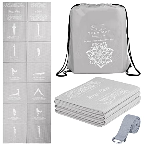 Foldable Yoga Mat for Women, Non Slip Exercise Mat for Home Gym, 5mm Travel Yoga Mats Set With Stretch Strap for Yoga Pilates and Fitness, 68"L x 24"W x 0.2 Inch Thick - color: Grey
