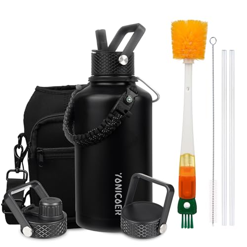 Insulated Water Bottle 64oz,Triple Wall Vacuum Stainless Steel(Dishwasher Safe),Leak Proof & Non-BPA,Flask Jug with Paracord Handle & Straw Spout Lids Sports Black - color: Black, size: 64 Ounces