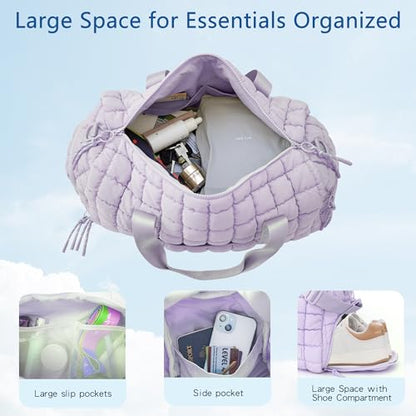 Quilted Gym Bag for Women,Duffle Bag for Travel with Wet Pocket,Carry on Weekender Bags for Women,Travel Bag with Shoe Compartment (Light purple) - color: Light purple