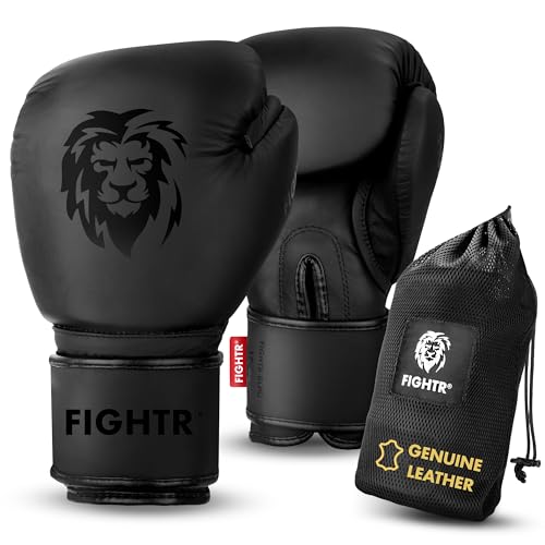 FIGHTR® Pro Boxing Gloves Made of Genuine Leather | Men and Women | for Boxing, MMA, Muay Thai, Kickboxing & Martial Arts 10 12 14 16 oz | incl. Carrying Bag - color: All Black, size: 16oz